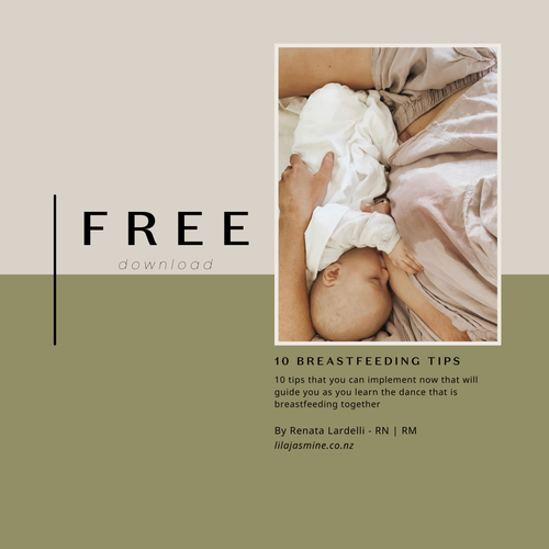 Free guide offering 10 breastfeeding tips from midwife Ren of Lila Jasmine, aiding mums in their breastfeeding journey.
