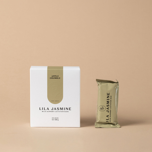 Apple Crumble Lila Jasmine milk support lactation bar packaging on a beige background