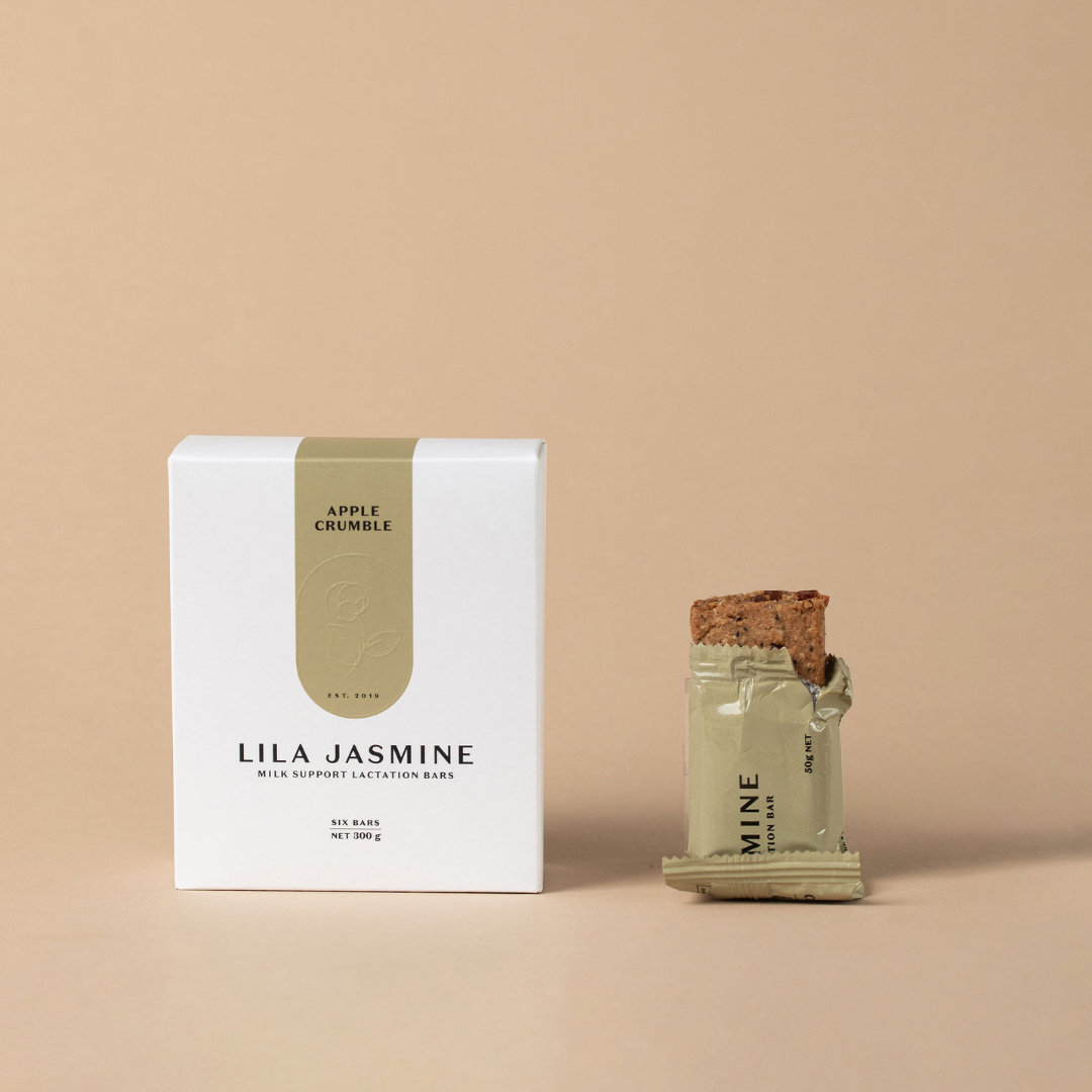 Apple Crumble Lila Jasmine milk support lactation bar packaging on a beige background