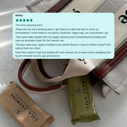 Lila Jasmine chocolate bars with a customer review overlay on a textured surface