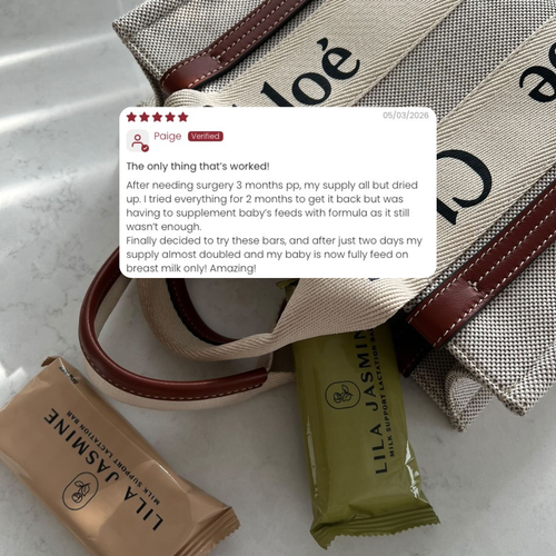 A close-up flat lay of a beige canvas diaper bag . A white review card is overlaid in the center with a customer testimonial.