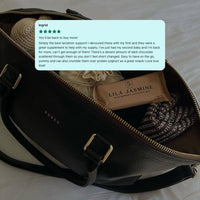 Saben Baby Bag with Lila Jasmine breastmilk lactation support bar and a product review overlay