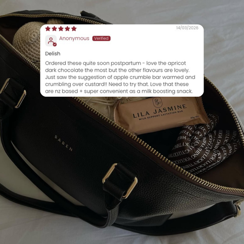 Saben Baby Bag with Lila Jasmine breastmilk lactation support bar and a product review overlay