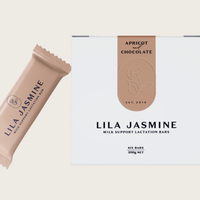 Lila Jasmine lactation bar with apricot and dark chocolate flavor, featuring ingredients traditionally known to support milk supply, dairy-free and individually wrapped.