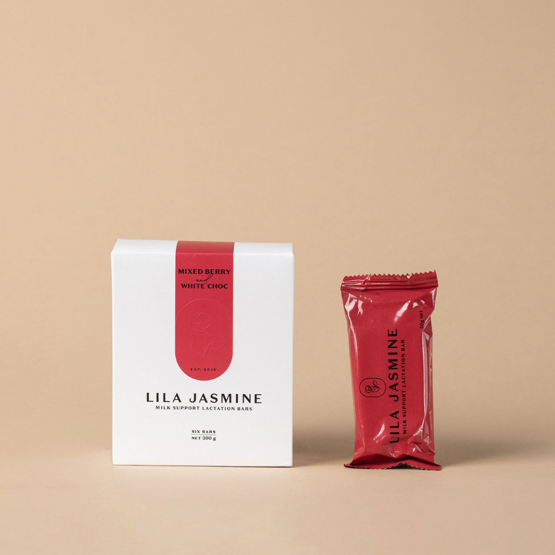 Lila Jasmine Mixed Berry & White Chocolate milk support and lactation bar on a beige background