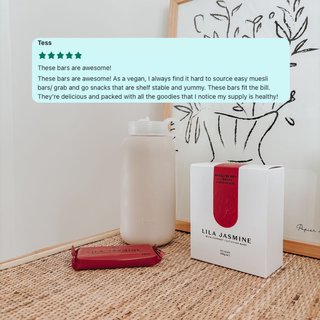 Lila Jasmine muesli bar with packaging and a five-star review on a textured surface.