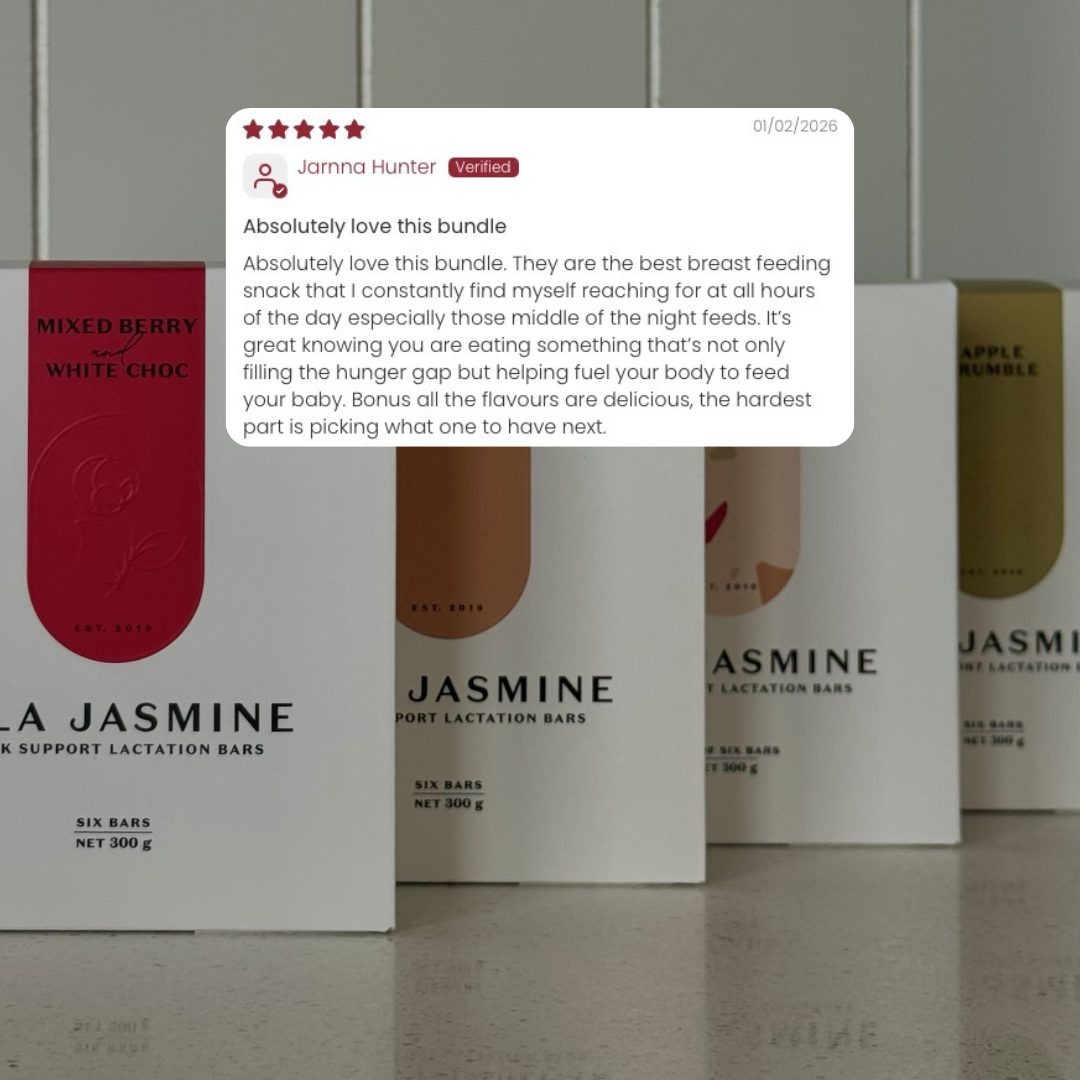 A bundle of four Jasmine Lactation Bars in white packaging featuring a customer review overlay on the front.
