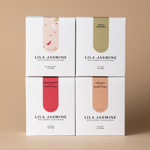 Four boxes of Lila Jasmine milk support lactation bars on a beige background Lila Jasmine Deluxe Variety Lactation Bar Bundle featuring all flavours: mixed berry and white choc, apricot and dark choc, and apple crumble, perfect for breastfeeding mums and make a wonderful gift. Save 10% on bar bundles. 