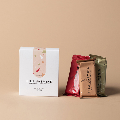 Lila Jasmine Mix of Six Lactation Bars packaging on a beige background