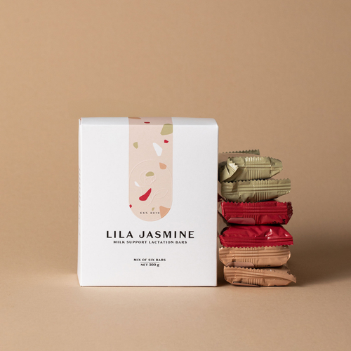 Lila Jasmine Mix of Six lactations bars stacked on a beige background