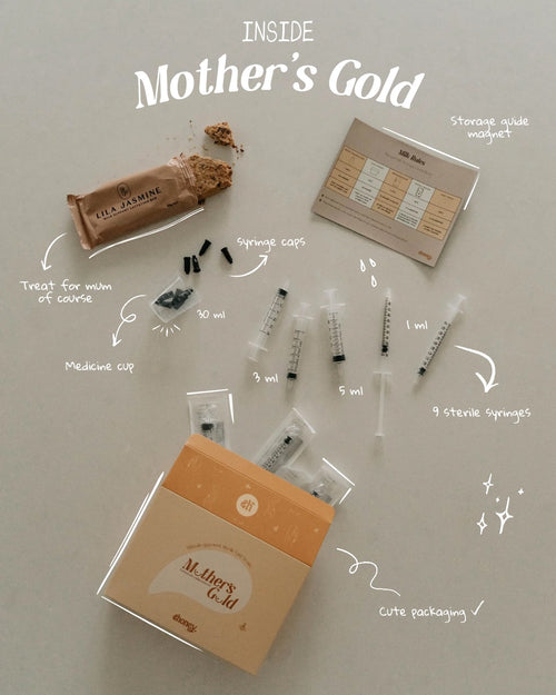 What's Inside Mother's Gold Colostrum Collection Box. Syringes, Lila Jasmine Lactation Bar on a light background. 
