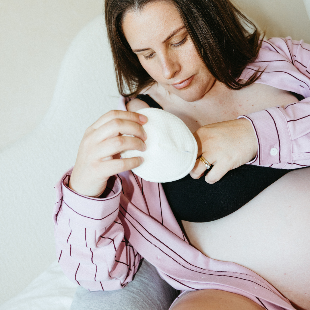 No Slip Nips Reusable Breast Pads, 3 Pairs, pregnant mum placing