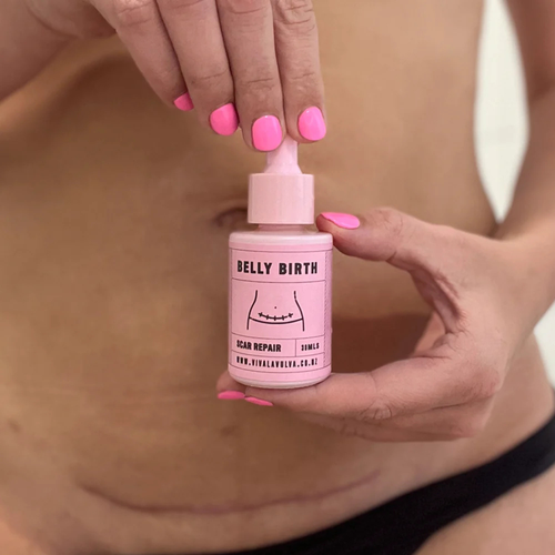 Viva La Vulva Belly Birth Scar Oil, Caesarean scar, women holding
